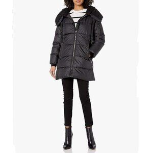 Steve Madden Puffer Fleece Hooded Coat Zip Up Closure Women's Black Jacket Sz 3X